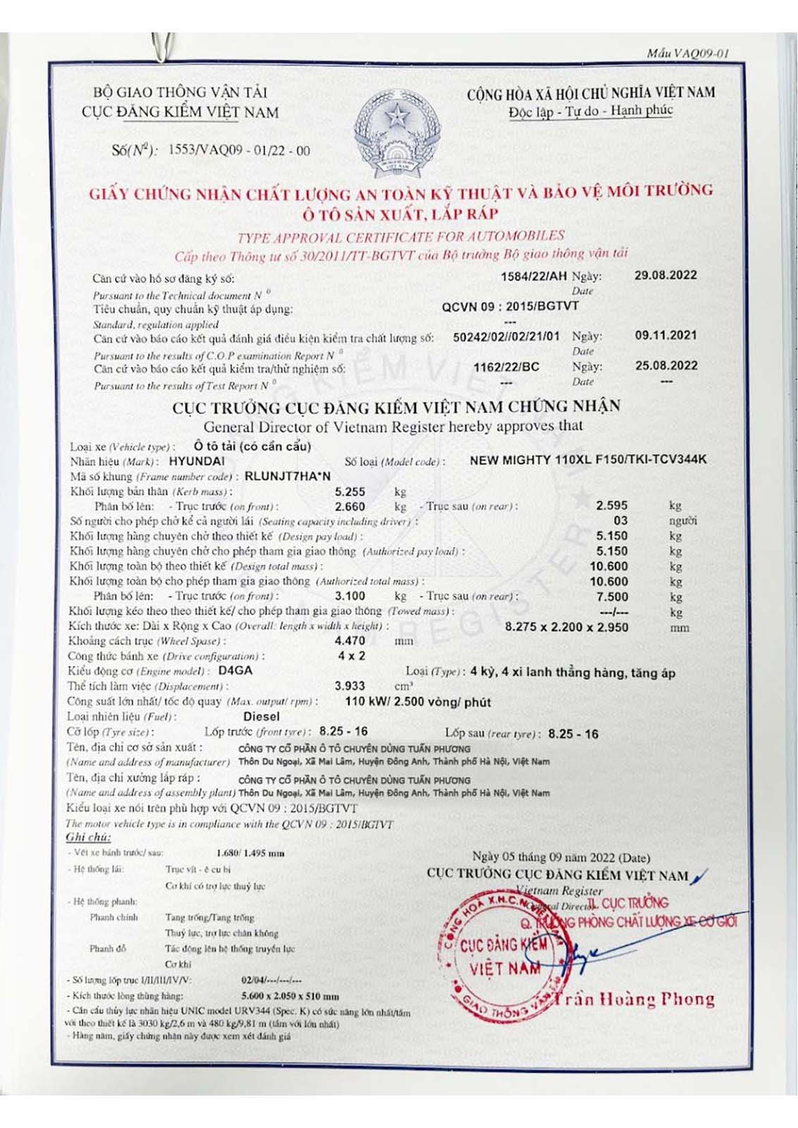 Chứng nhận chất lượng xe hyundai gắn cẩu